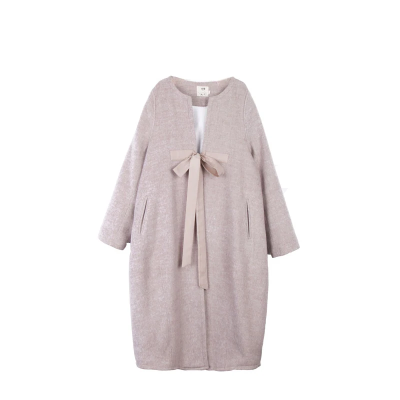 

Chinese Style Retro Cardigan Bow Lace-up Fleece-Lined Cocoon Shaped Overcoat