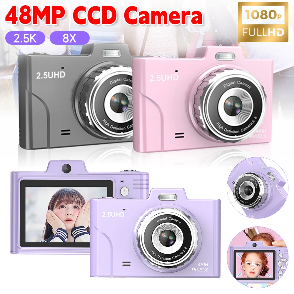 초보자용 휴대용 듀얼 렌즈 디지털 CCD 카메라, 2.8 인치 스크린 사진 비디오 카메라, 8 배 줌, HD1080P 48MP