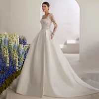 Modest Lace A-line Satin Wedding Dress 2025 Customized Pockets Open Back Long Sleeve Women Princess Brides Wedding Gown 1
