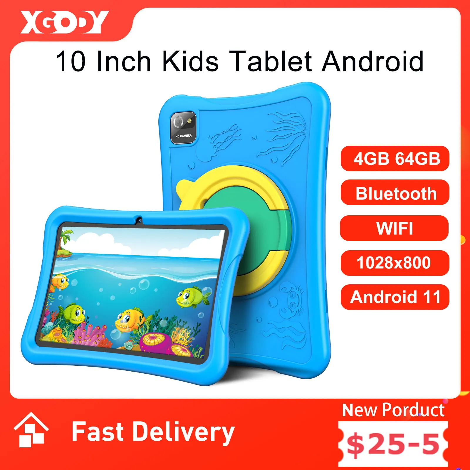 XGODY Kids Tablet Children Study Tablets for Education 10 Inch 4GB 64GB Quad Core WiFi OTG