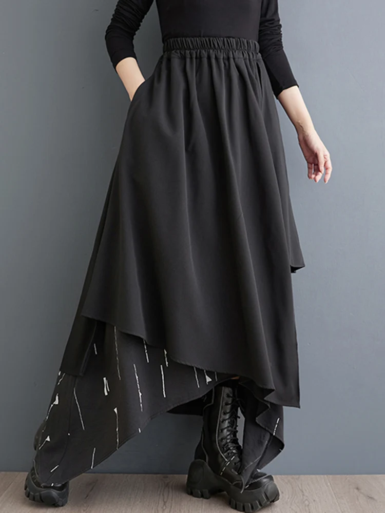 Black Vintage Print Irregular High Waist Skirt Women New Spliced Loose Casual Long Skirts Fashion Clothes Autumn Winter 2025