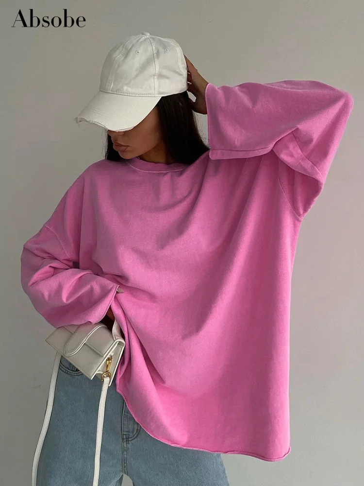 

Absobe Pink Long Sleeve Oversize T-shirt Women Crew Neck Basic Versatile Autumn 2023 New Loose Casual Top Fashion Streetwear