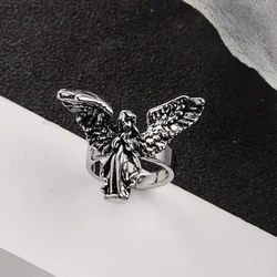 Gothic Silver Angel Wings Adjustable Ring - Vintage Punk Jewelry - Resizable (Black)