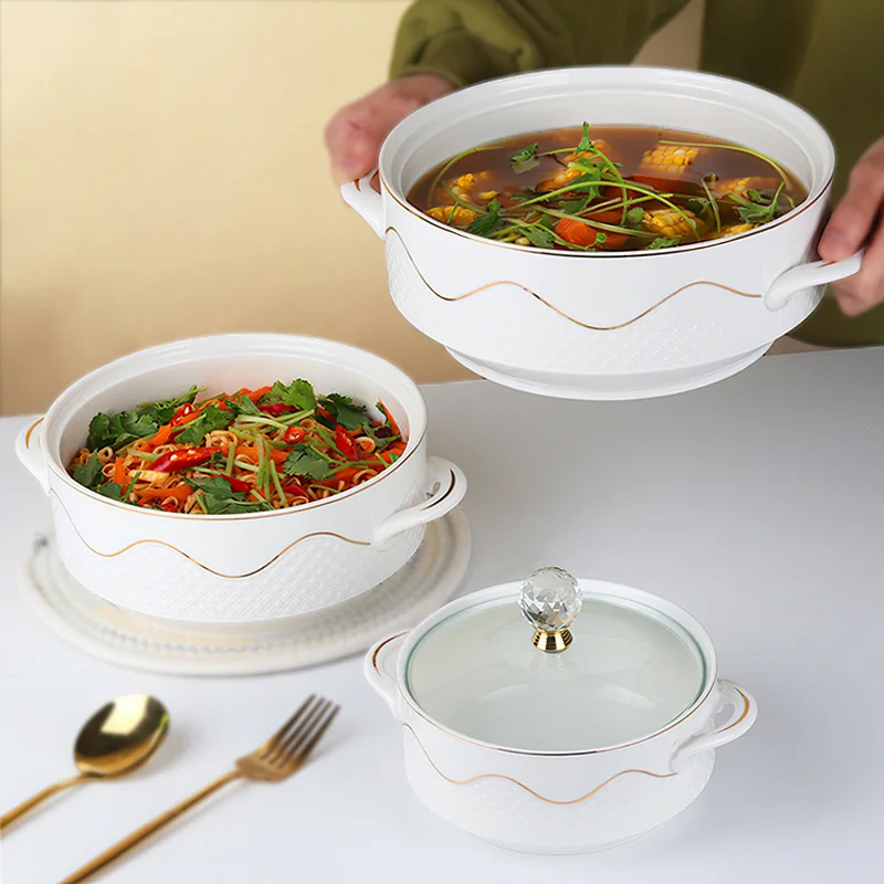 Ceramic Tableware Set Ceramic Soup Bowl Phnom With Glass Cover Handle Salad Fruit Large Noodle Rice Food Pot Home Dessert Breakfast Oatmeal Tableware