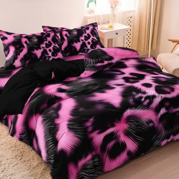 3pcs Pink Leopard Abstract Print Duvet Cover Set High-Definition Printed Bedding for All Seasons Suitable for Home And Dorm Use. 1