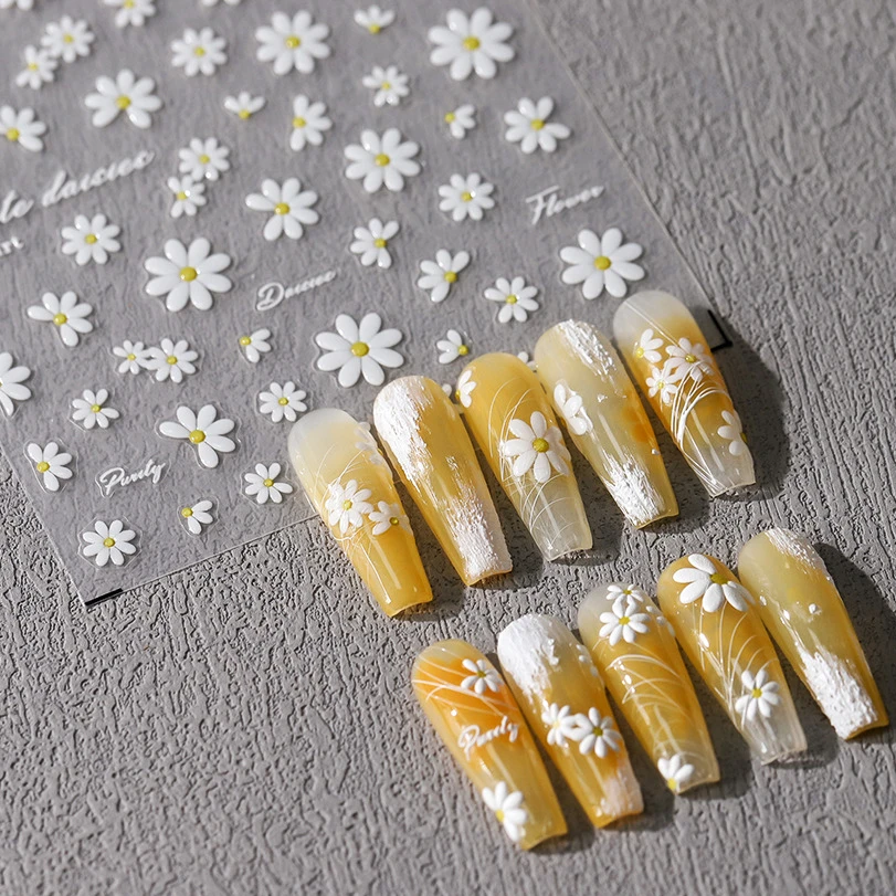 Jelly Daisy Flower Green Spring White Yellow INS Soft Embossed Reliefs Self Adhesive Nail Art Decoration Sticker Manicure Decals