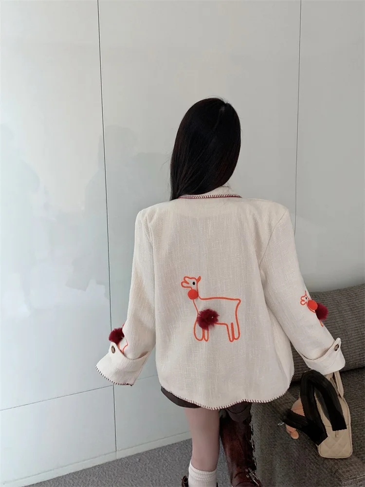 Embroidered heavy work hemp felt jacket, small fragrant style jacket, 2023 autumn new college style