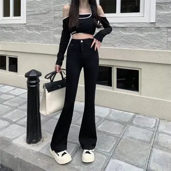 여성용 하이 웨이스트 슬림 플레어 팬츠, 데님 바지, 단색, 다용도 라지 사이즈, Y2k 청바지, 패션 트렌드, 가을, 겨울
