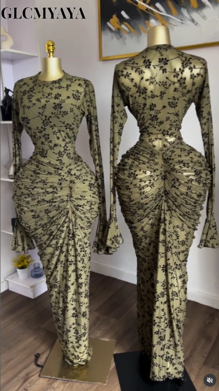 فستان ميدي نسائي مكشكش باكمام طويلة