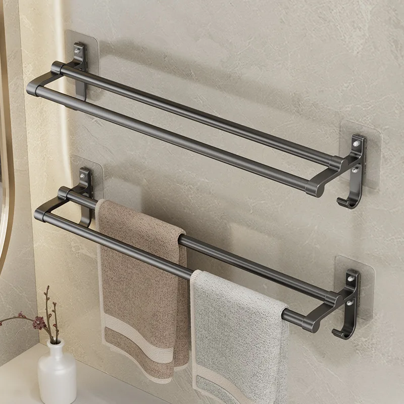 Bathroom Towel Holder No-Drill Towels Rack Hooks Wall Mounted Towel Bar Bathroom Organizer Self-Adhesive Rail