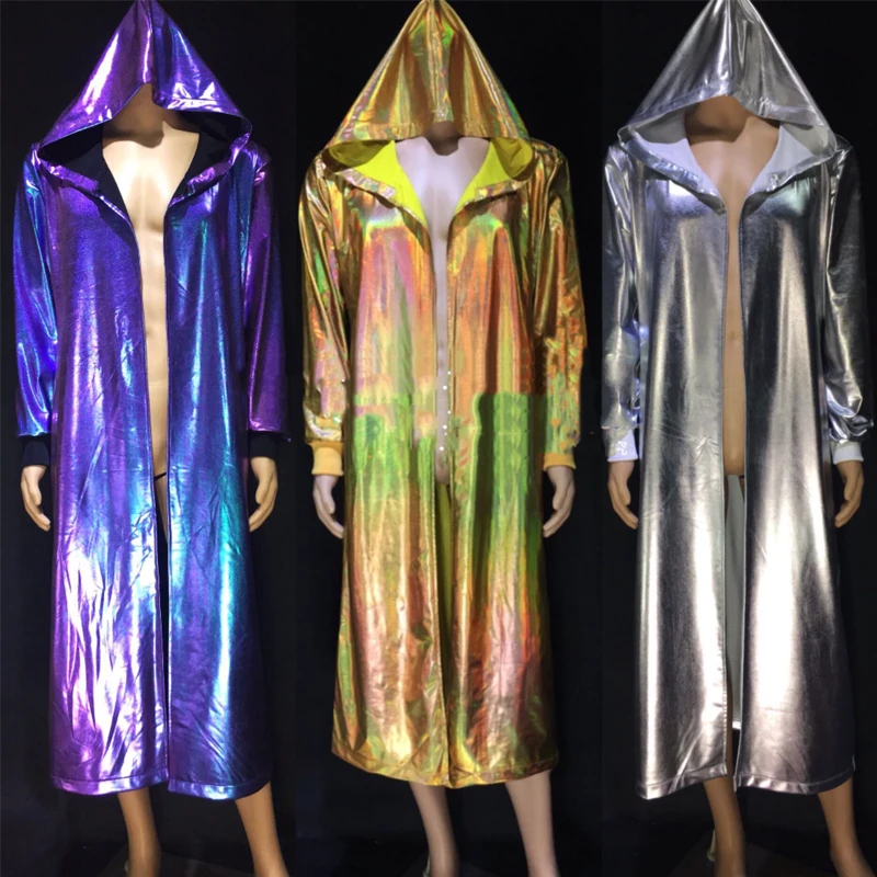 

Male Symphony Laser Long Cloak Men Pole Gogo Dancer Costume Hip Hop Coat Jazz Performance Clothing Stage Rave Outfit XS2627