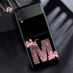 Floral Monogram Pink M N Fashion Case - Luxury Black PC Hard Back Phone Cover - Samsung Z Flip4 5G (ZF - BKB01)