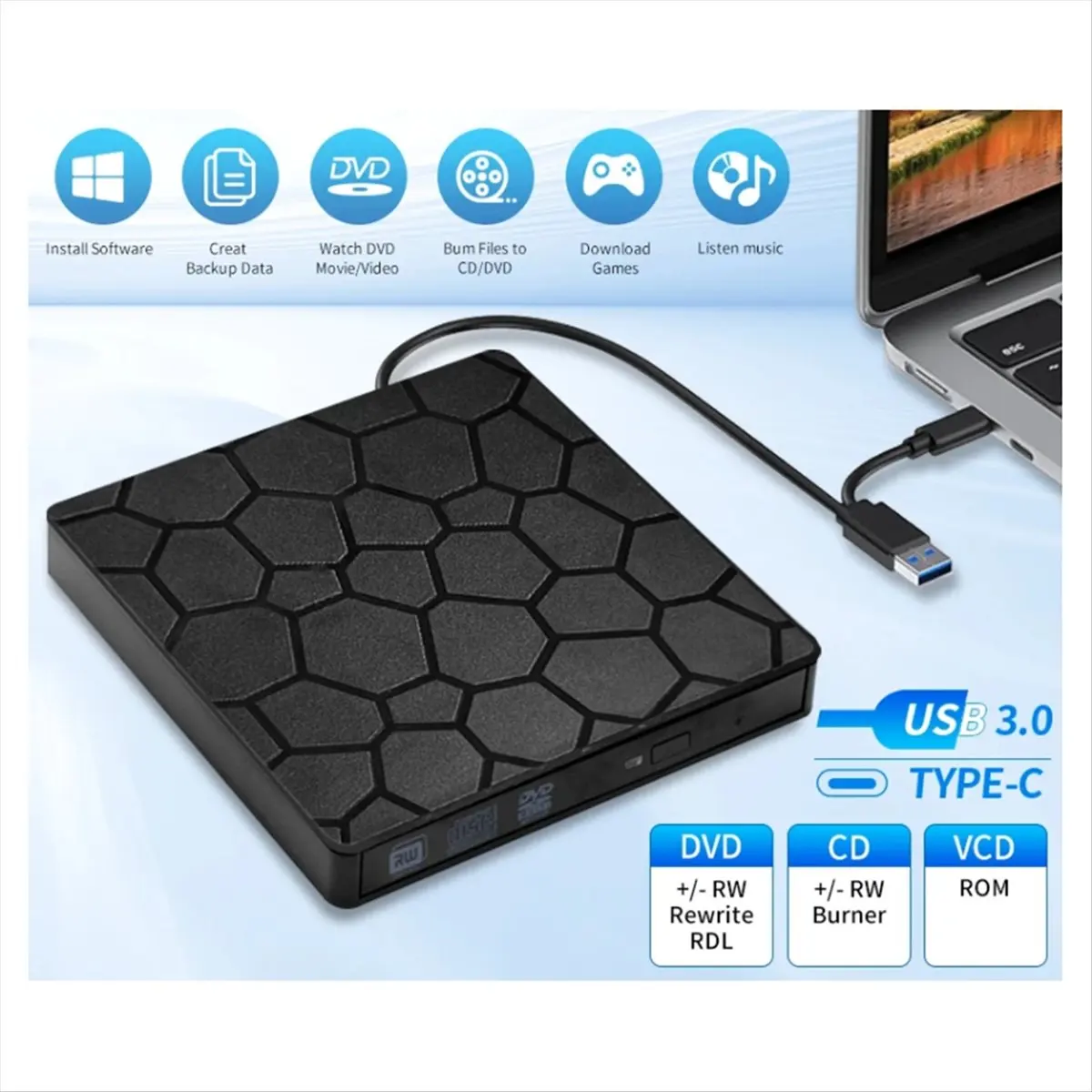 A49T 외장 DVD RW 드라이브 USB 3.0 타입 C 2 in 1 인터페이스 D..