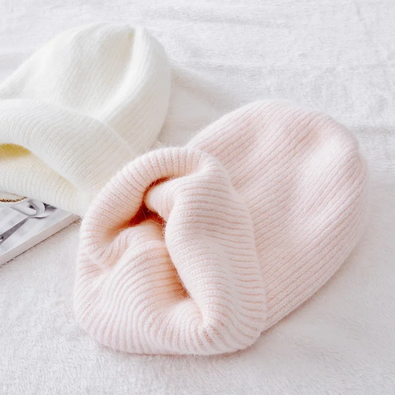 Winter Hats for Women Warm Long Rabbit Fur Hair Female Caps Fashion Solid Colors Wide Cuff Young Style Beanies 5