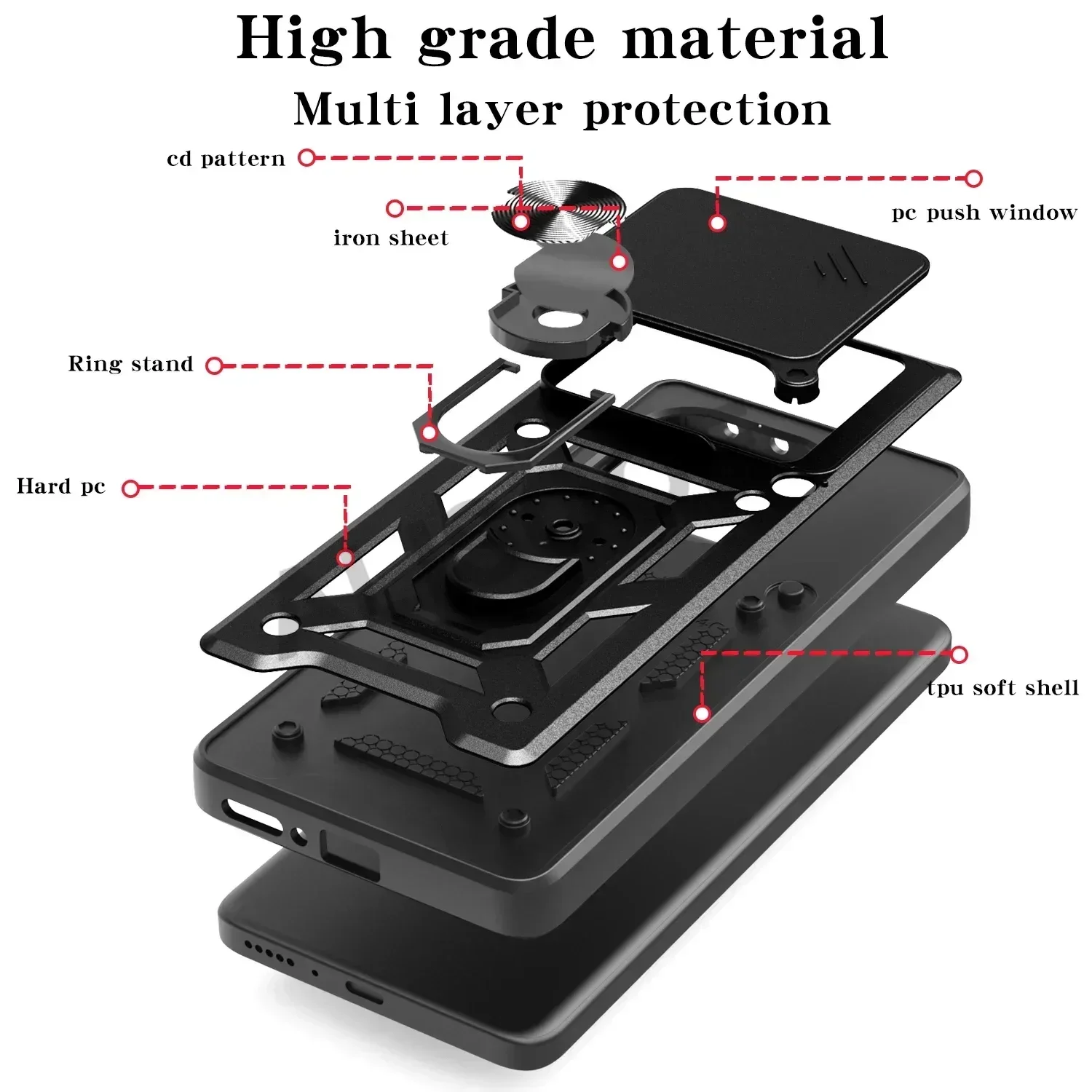 Armor Shockproof Case with Slide Camera Cover and Rotating Ring Stand