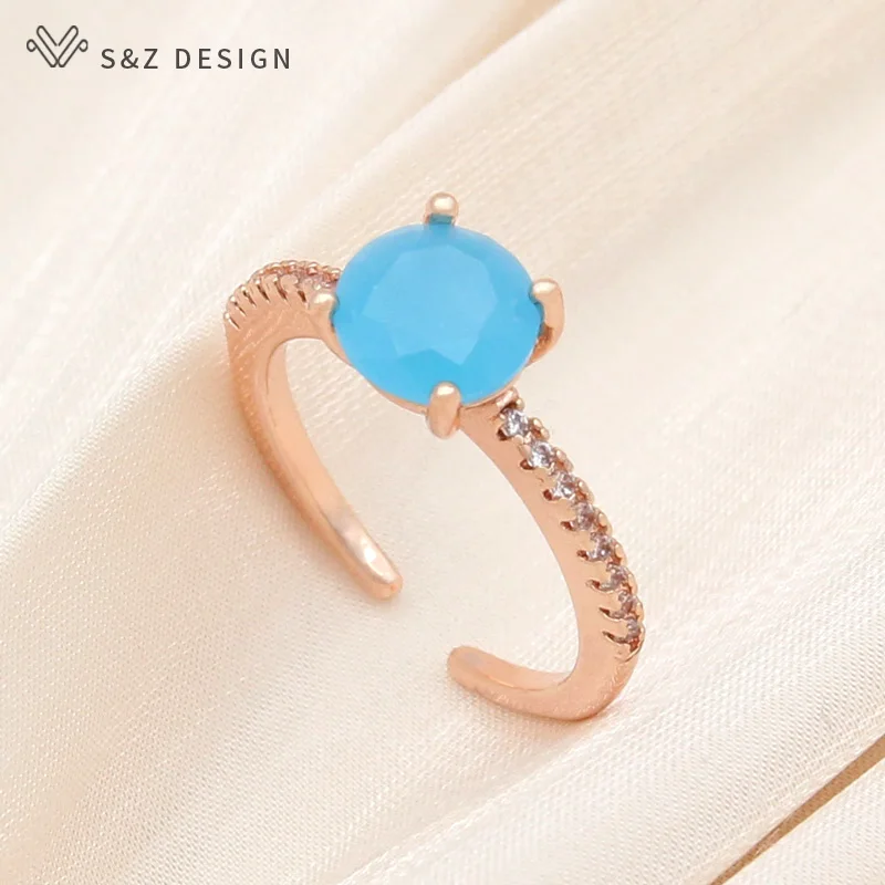 S&Z DESIGN New Fashion 585 Rose Gold Color Round Crystal Rings For Women Wedding Cubic Zirconia Resizable Jewelry Gift