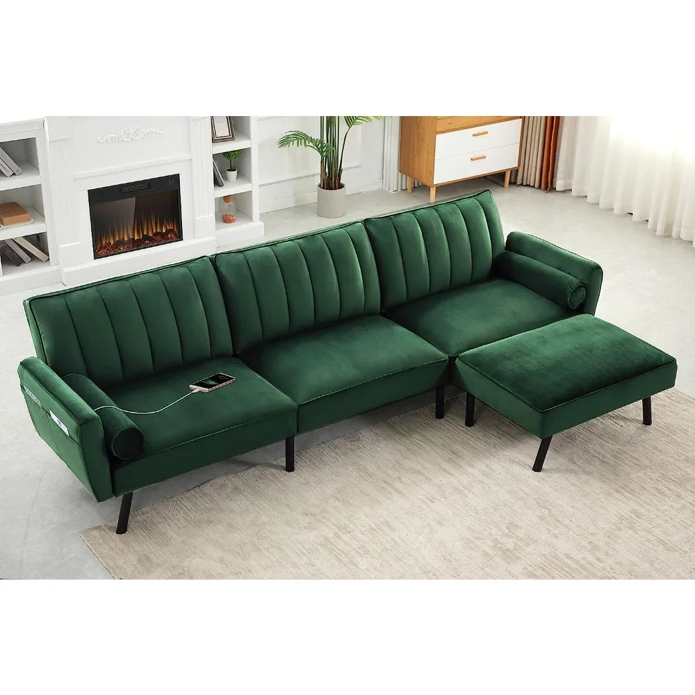 

DURASPACE Velvet Sectional Convertible Sofa with Chaise, 106.5" L Shape Sectional Sofa Couch with USB, Split Back Folding
