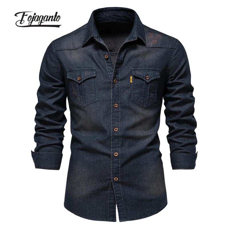 FOJAGANTO Men's Spring Denim Shirts Casual Solid Color Lapel Long Sleeve Fashion Slim Fit Cotton for Men |