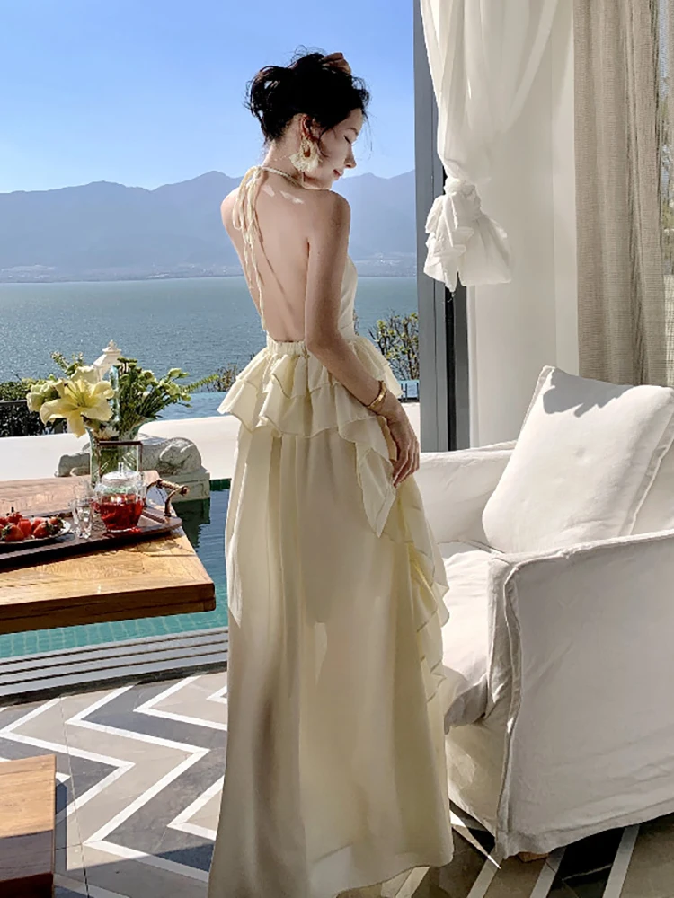 

New Summer Beach Holiday Spaghetti Strap Halter Backless Ruffled Long Dress Chiffon Dresses Korean Clothing Woman Clothes Formal