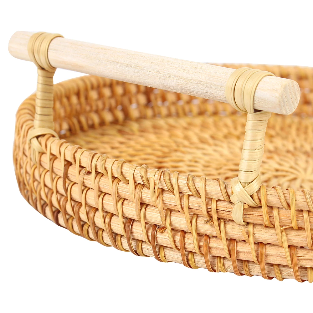 Handwoven Rattan Storage Tray Dinner Serving Tray With Handle Fruit Cake Wicker Basket Breakfast Bread Food Plate 3