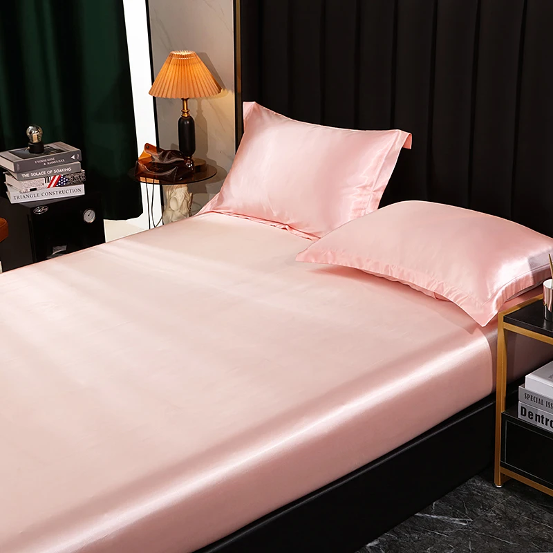 Luxury Satin Fitted Bed Sheet High Density Fabric Fitted Sheet  Breathable Supple  Fit Sheet with 2 pillwcase 2
