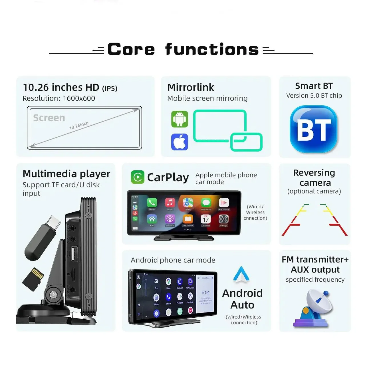 자동차 모니터 무선 카플레이, 안드로이드 자동 HD 스크린 카메라, 블루투스 FM 송신기, USB TF 비디오 플레이어, 10.26 인치