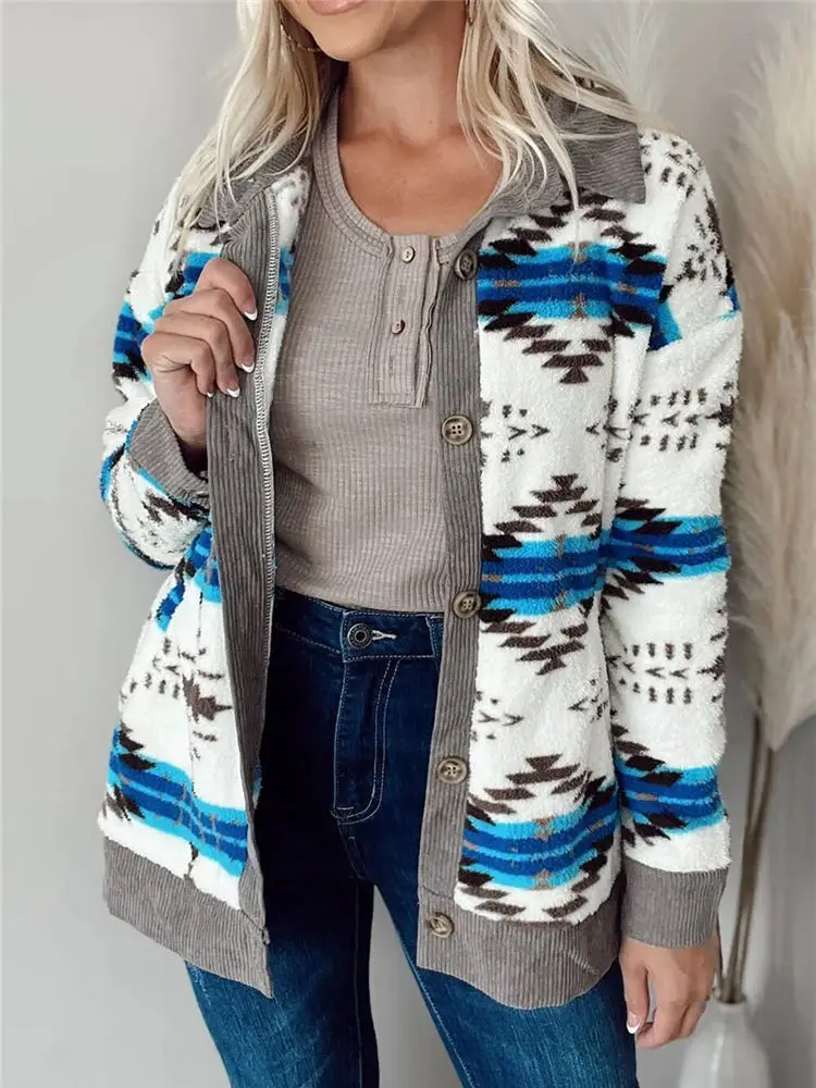 

Women Winter Sherpa Sweater Corduroy Patchwork Cardigan Ethnic Chic Fluffy Warm Streetwear Plush Christmas Tops