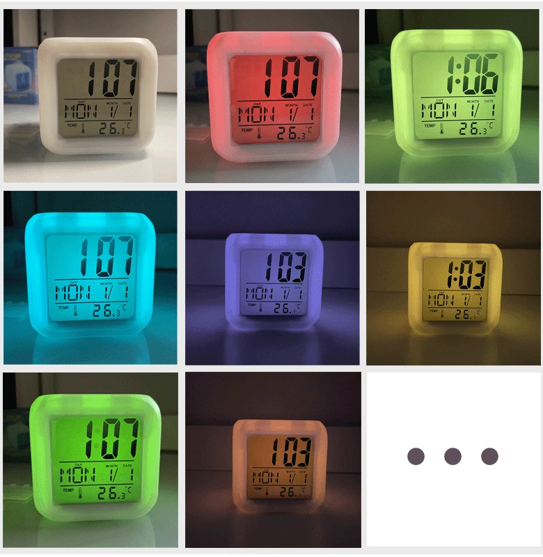 EW Creative Led Colorful Color Changing Square Clock Student Children Mute Snooze with Temperature Electronic Alarm Clock Lumino