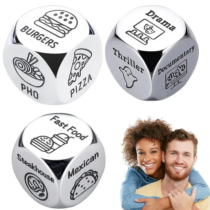 

Food Decision Dice 3PCS Metal Dice Decider For Date Night Portable Meal Choice Dice For Anniversary Valentine's Day Small