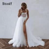 A-Line Wedding Dress Women Lace Open Back Square Collar Spaghetti Straps Split Bridal Gown Train Vestidos De Noiva Customized 1