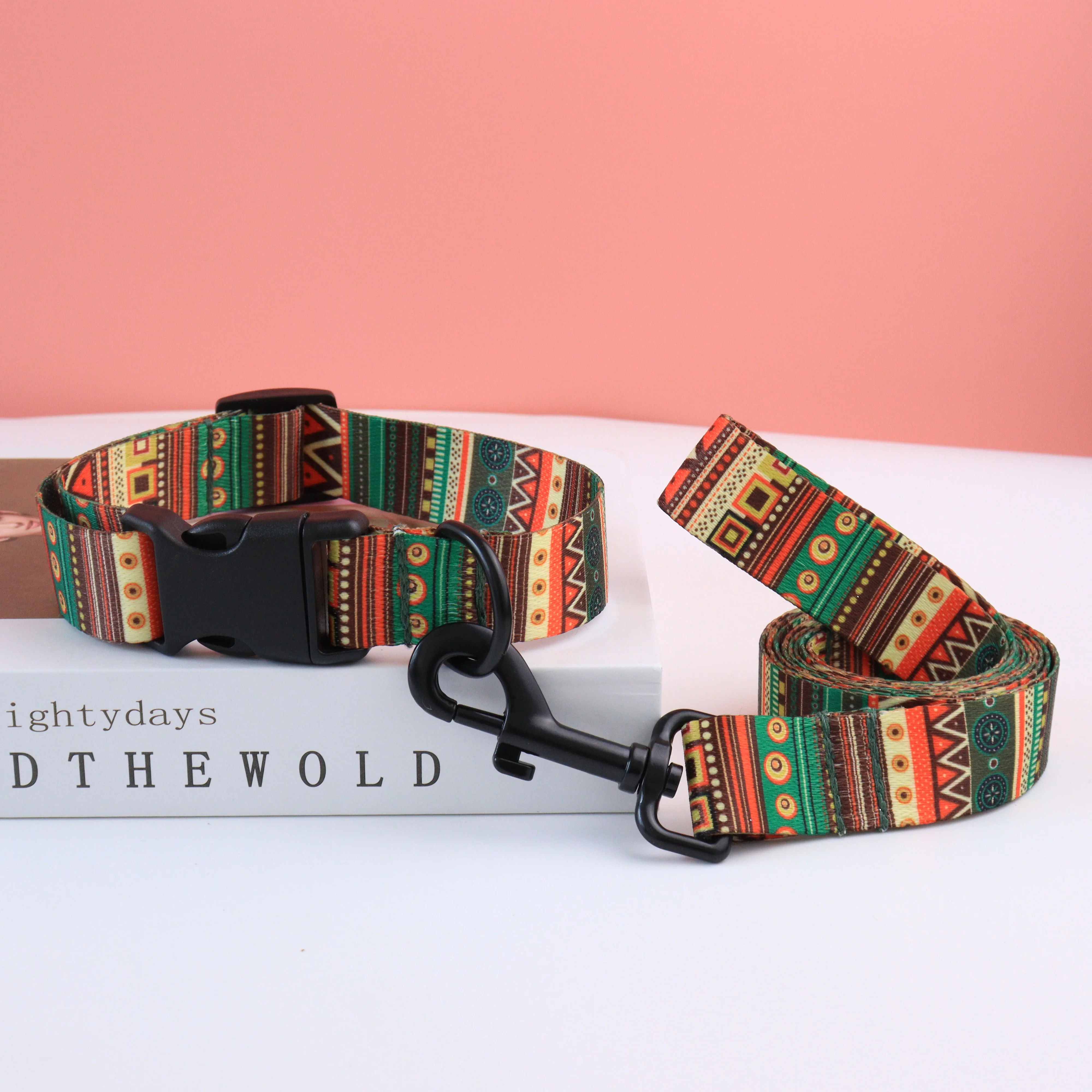 

Personalized Stylish Ethnic Pet Collar Nylon Printed Dog Collar Leash Set Adjustable Free Engraved ID for Small Medium Large Dog