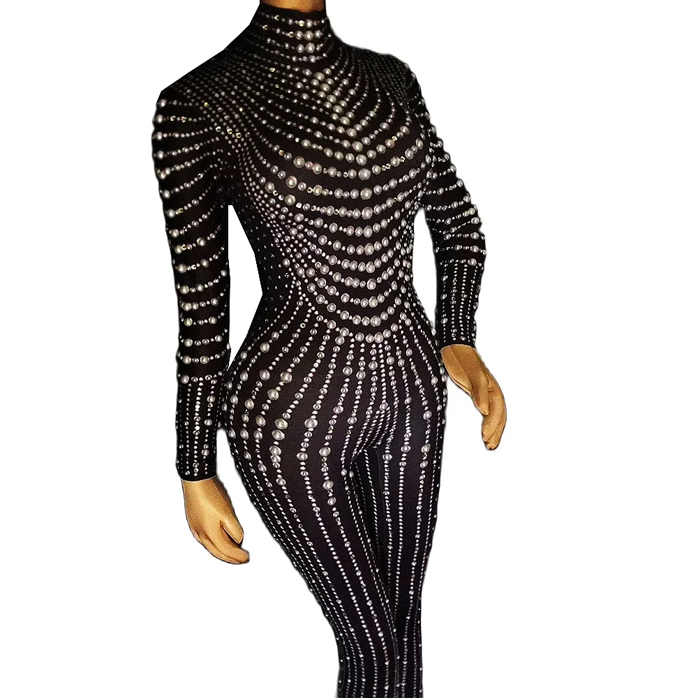 Sparkly Pearls Black Women Jumpsuits Long Sleeve Bodysuits Party Celebrate Dance Costume Ladies Stage Wear Drag Queen Outfit