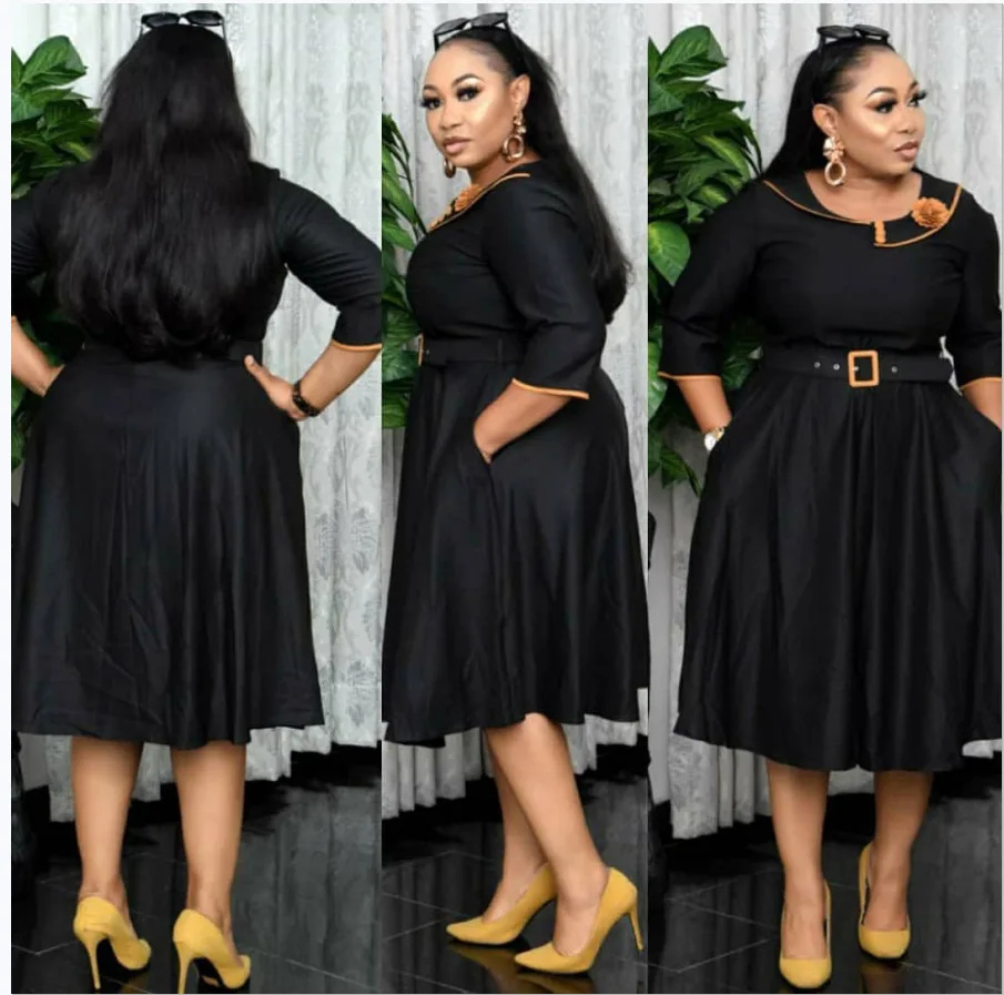 Plus size dress for women's autumn 2023 new round neck corsage solid color waist up dress high fashion casual party dress - AliExpress