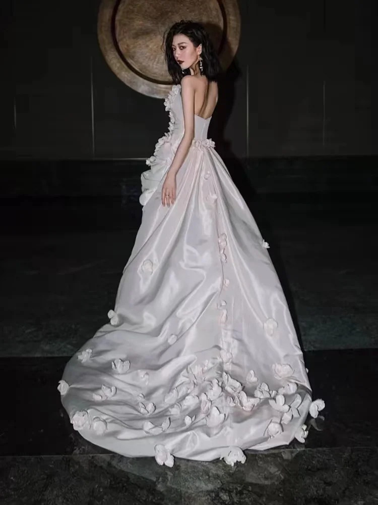 French tube top light wedding dress bride's high-end niche satin wedding dress short small tail white flower dress