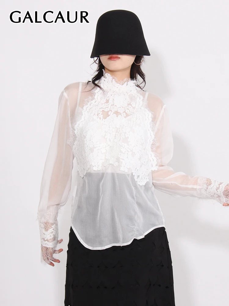 

GALCAUR Elegant Patchwork Lace Solid Shirt For Women Stand Collar Long Sleeve Minimalist Temperament Slimming Blouse Female New