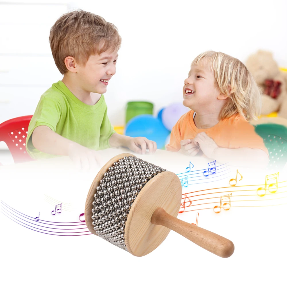 Wooden Cabasa Percussion Musical Instrument Metal Beaded Chain & Cylinder Pop Hand Shaker for Classroom Band Medium Size