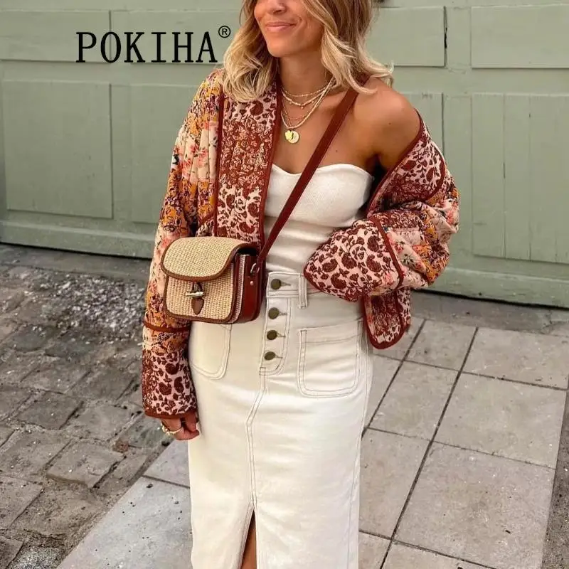 

Pokiha Мода 2023 Новинка Повседневная Свободная короткая открытая куртка с цветочным принтом пальто винтажная женская верхняя одежда с длинным рукавом шикарные топы