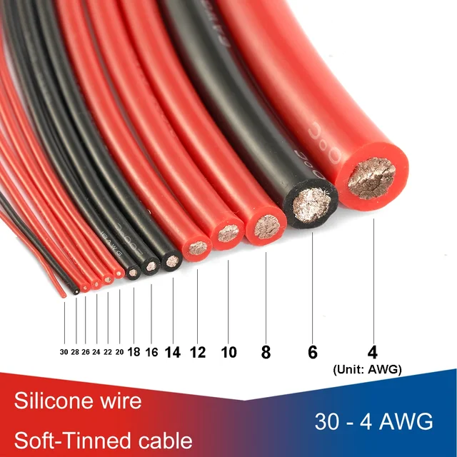 Câble électrique en cuivre pour batterie de voiture en silicone, jauge Awg, panneau solaire, fil électrique flexible, degré de chaleur, 4, 8, 10, 14, 16, 24, 30 1