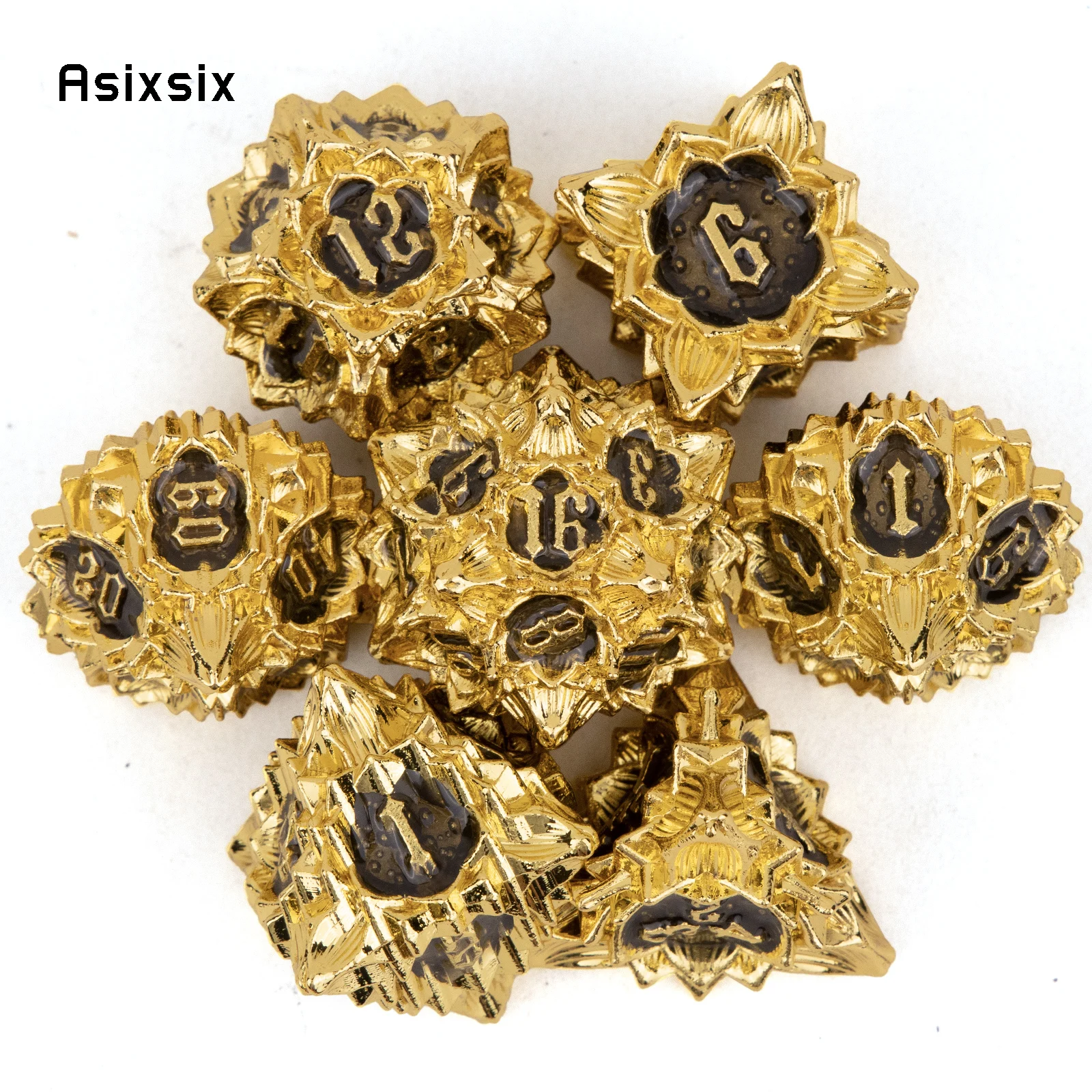 

7 Pcs Golden Black Lotus Flower Metal Dice Solid Metal Polyhedral Dice Set Suitable for Role-Playing RPG Board Game Card Game