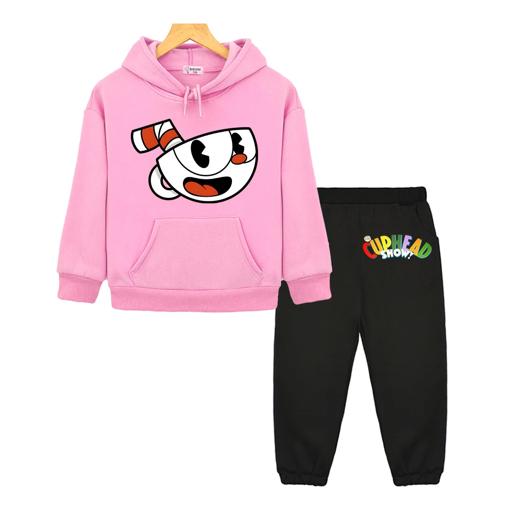 

Cuphead 2024 New Kids Suit Hoodies Sportswear Fashion Fleece Sweatshirts Two Piece Casual Long Sleeve Solid Clothes Pants Sets