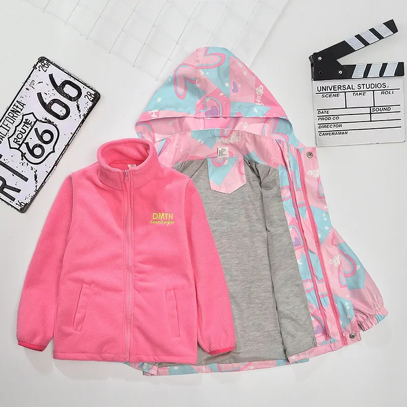 Girls' Jacket Spring and Autumn New Children's Jacket Three-in-one Removable Velvet Thickened Girls' Autumn Clothing