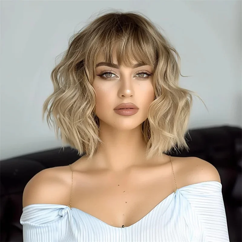 Rooted Blonde Bob Wig with Bangs Heat Resistant Fiber ombre blond Fringe Wavy Wig Synthetic Lace Front for Women Daily Use
