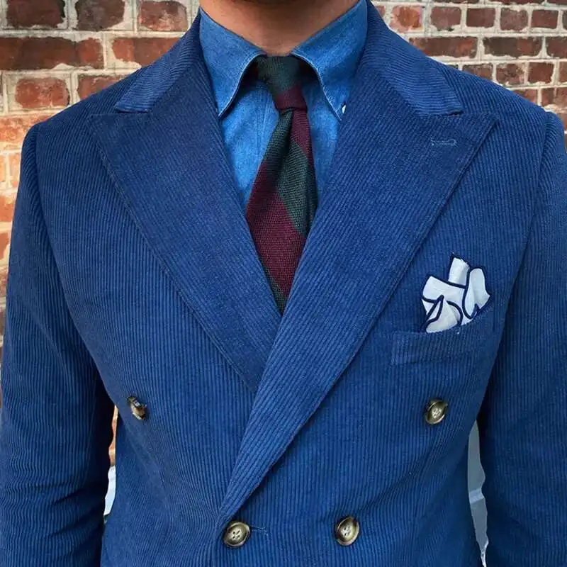 Autumn Winter Italian Men Corduroy Blazer Luxe Slim Fit Double Breasted Groom Suit Jacket Wedding Dinner Prom Tuxedo Coat