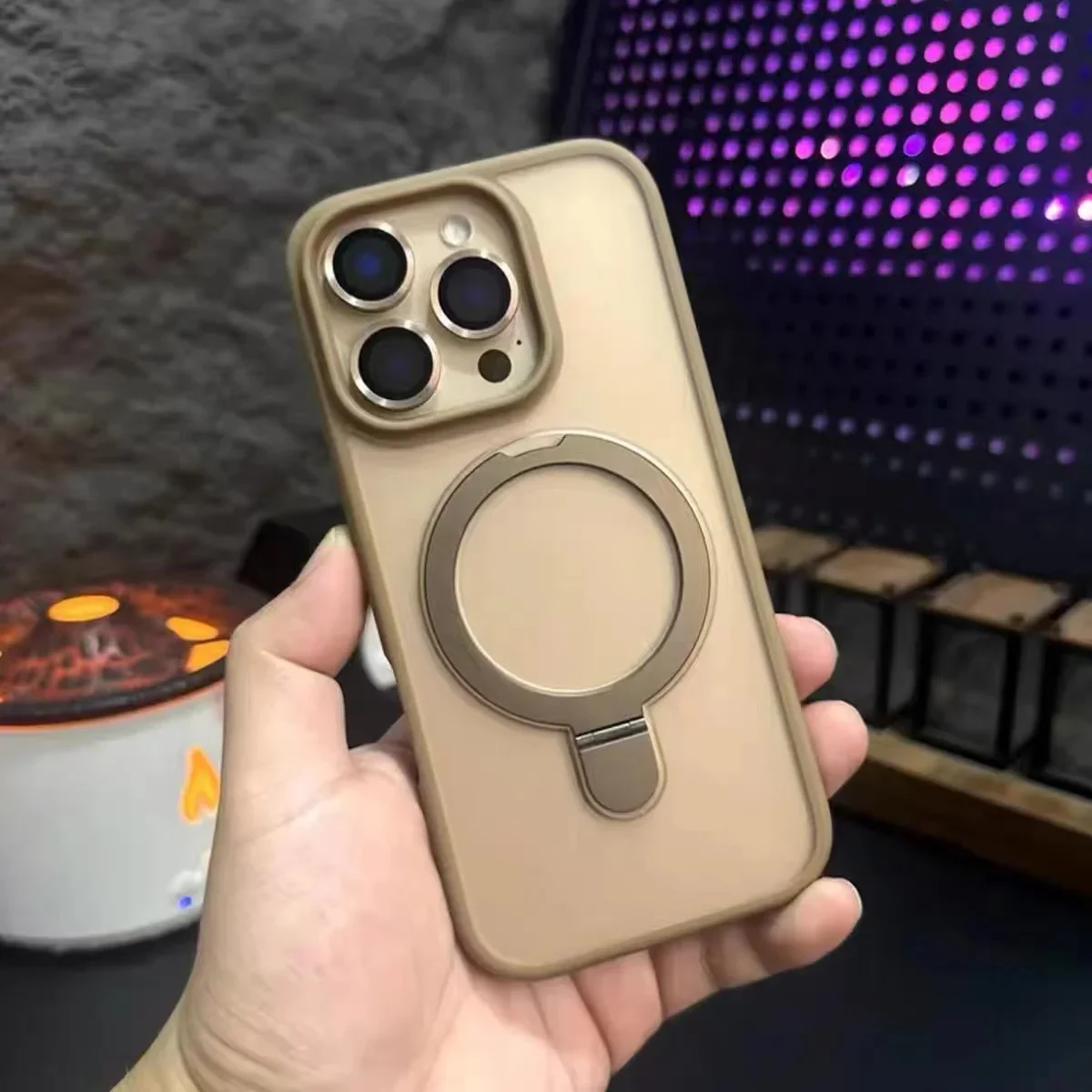 Magnetic Metal Ring Stand Case with Lens Protector - Matte Finish