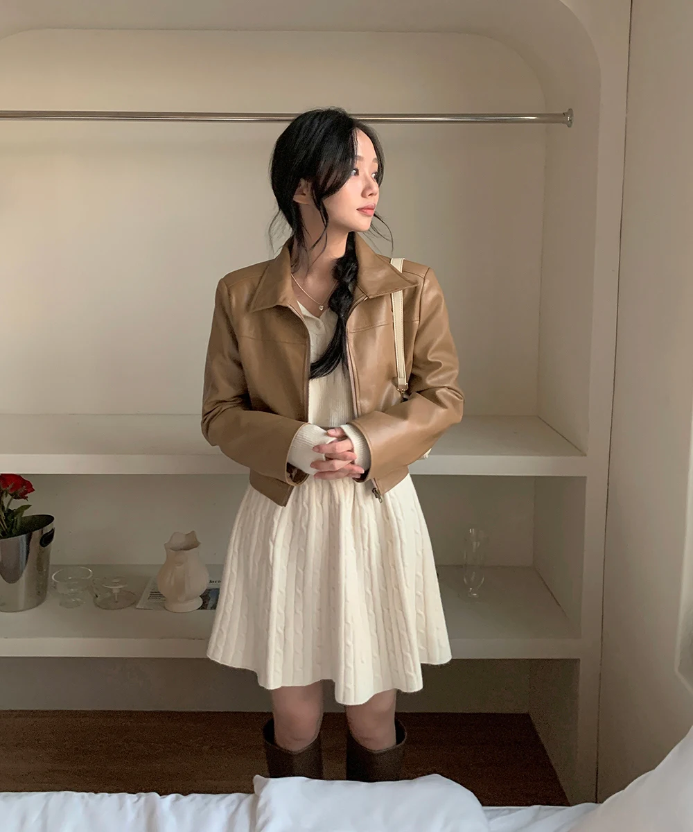 Korean Fashion Two-piece Set Women Pullover Turn-down Collar Crop Top Mini Skirt Solid Casual Suit Autumn New Knitwear Outfits