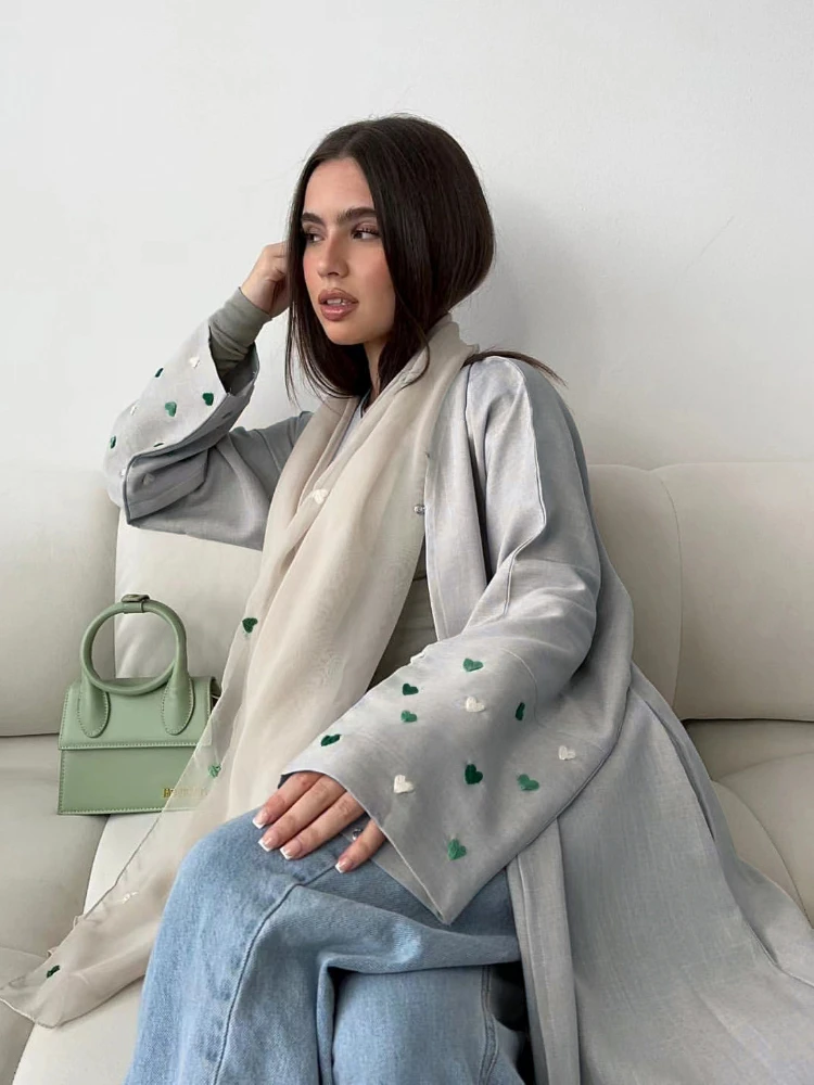 Love Heart Embroidery Muslim Abaya For Women Eid Dress Morocco Ramadan Lace-up Abayas Kaftan Islam Cardigan Dubai Arab Long Robe