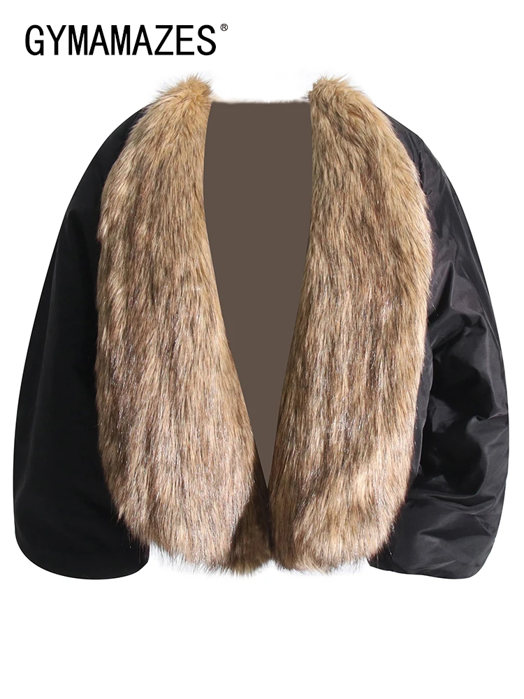

GYMAMAZES Colorblock Loose Casual Parka For Women Fur Collar Long Sleeve Patchwork Lace Up Chic Parkas Female Fashion Clothing