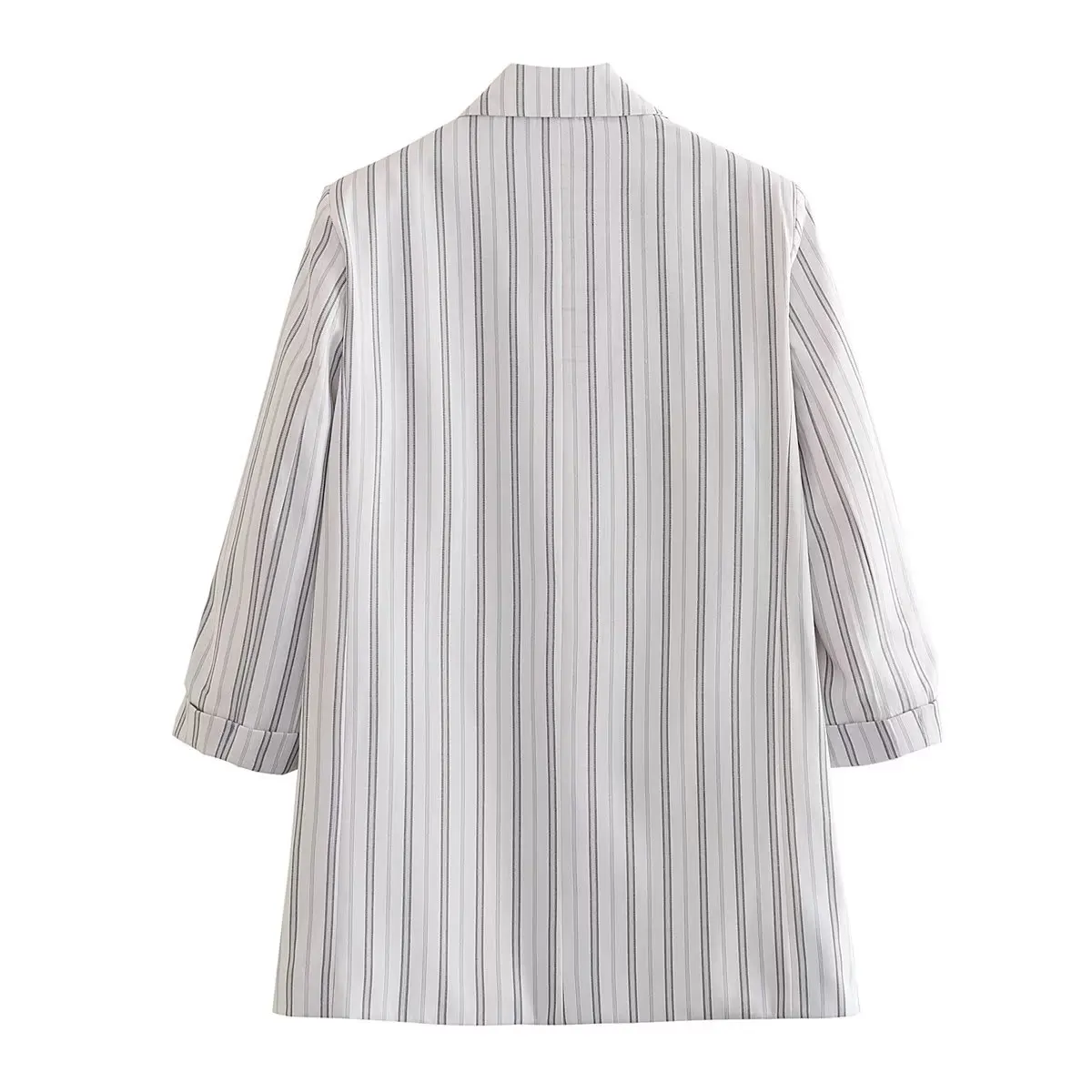 Jenny&Dave Fashion Vintage Sleeve Casual Blazers Women Office Lady Striped Roll Up Jacket