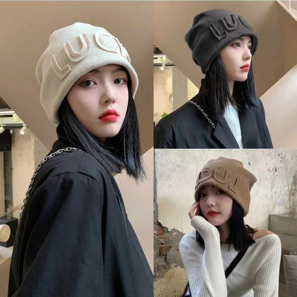 

Autumn and Winter Women's Knitted Hat Show Face Small Woolen Hat Letter Plush Headed Hat Stacked Hat Gorro Invierno Mujer Gorras