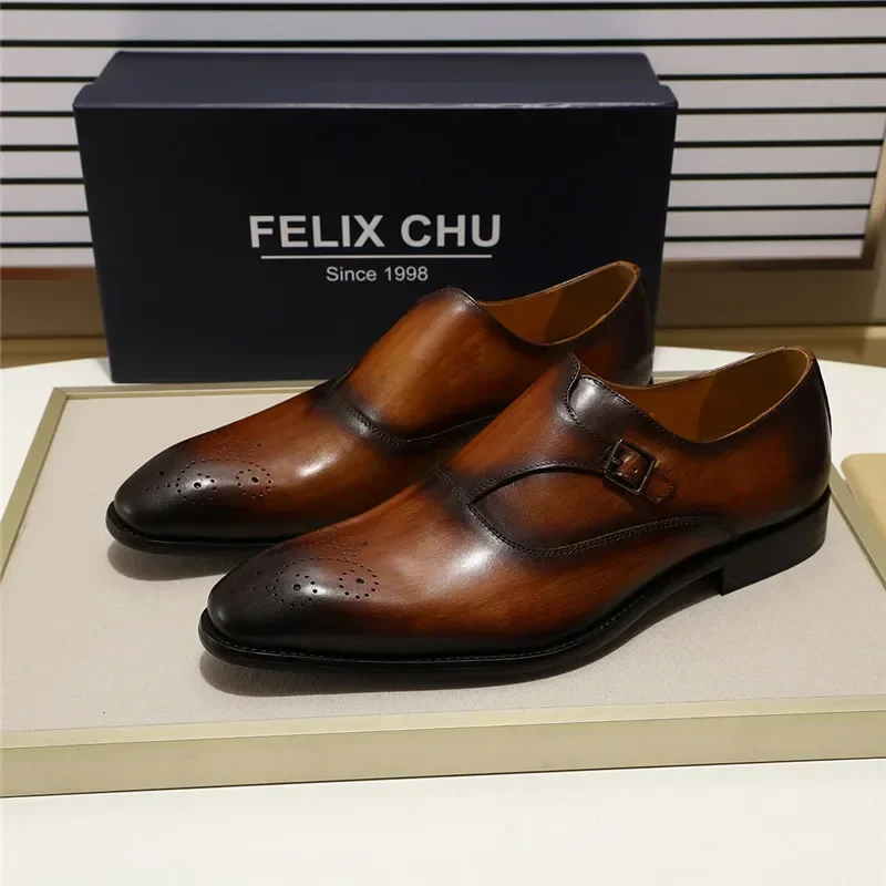 European Style Gentleman Monk Strap Formal Shoes-3 Colors Pointed Toe Men's Dress Loafers with Buckle Strap for Parties